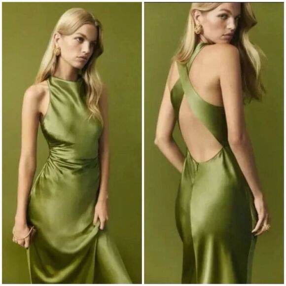 NWT Reformation Cassette Midi Silk Dress Sz 8 Green Criss-cross Back Straps - Picture 1 of 4